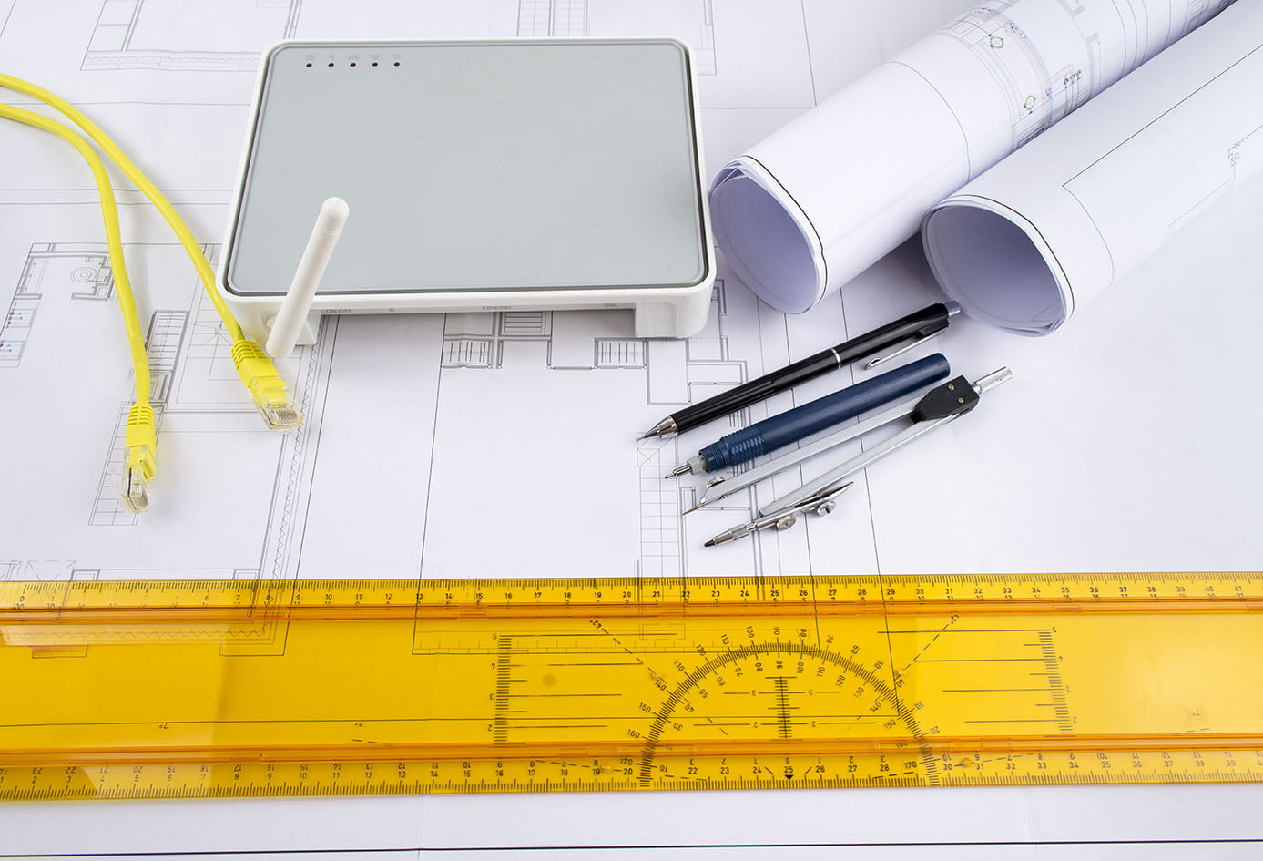 Office space floor plan and wireless router